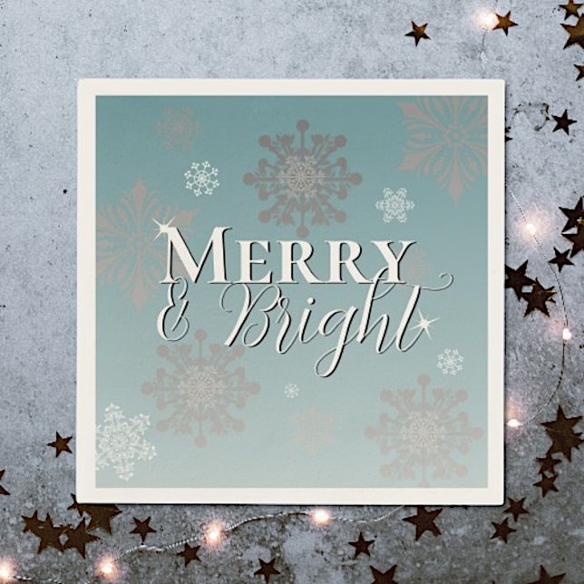 Servilleta De Papel Navidades verde azulados de los cerezos y los flam (Teal Merry and Bright Snowflakes Christmas Napkins)