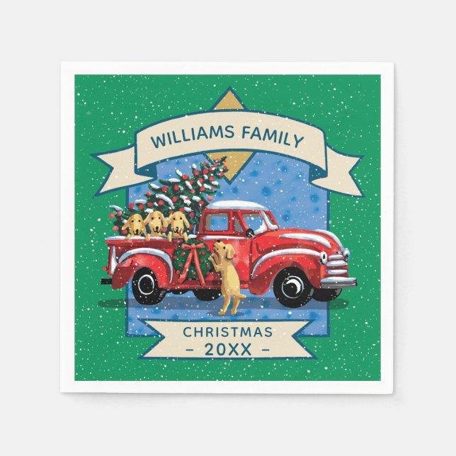 Servilleta De Papel Navidades Vintage Red Truck con Dogs Family Name (Anverso)