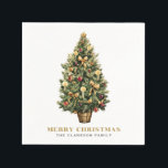 Servilleta De Papel Navidades Watercolor Vintage Christmas Tree Gold<br><div class="desc">Feliz Navidad | Añade un acento festivo a tu fiesta de vacaciones con estas servilletas de papel para Navidades de personalizable. Cuentan con un acuarela árbol de Navidad con adornos festivos de rojo y oro. Personalice agregando sus propios detalles. Estas servilletas vintage de papel de Navidad son perfectas como regalo...</div>