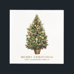 Servilleta De Papel Navidades Watercolor Vintage Christmas Tree Gold<br><div class="desc">Feliz Navidad | Añade un acento festivo a tu fiesta de vacaciones con estas servilletas de papel para Navidades de personalizable. Cuentan con un acuarela árbol de Navidad con adornos festivos de rojo y oro. Personalice agregando sus propios detalles. Estas servilletas vintage de papel de Navidad son perfectas como regalo...</div>