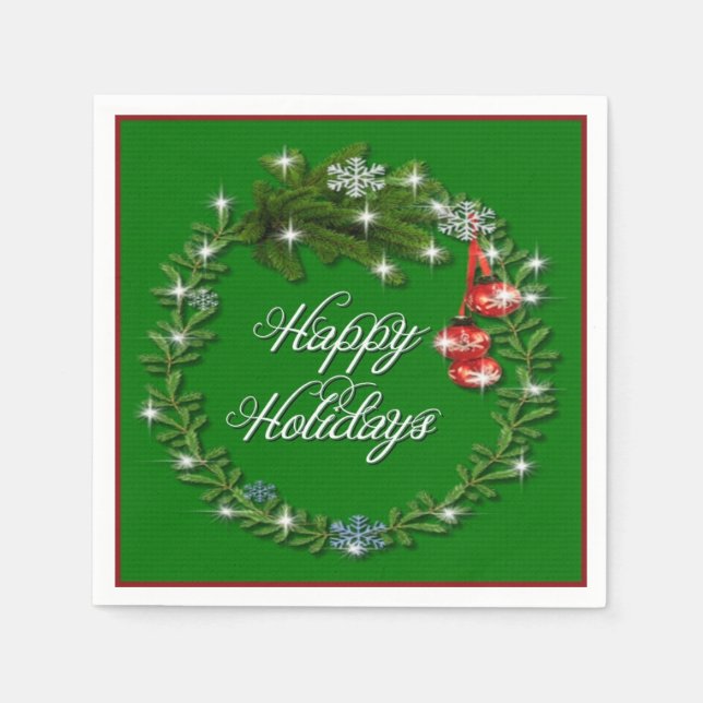 Servilleta De Papel Navidades Wreath Green Happy Holidays Napkins (Anverso)