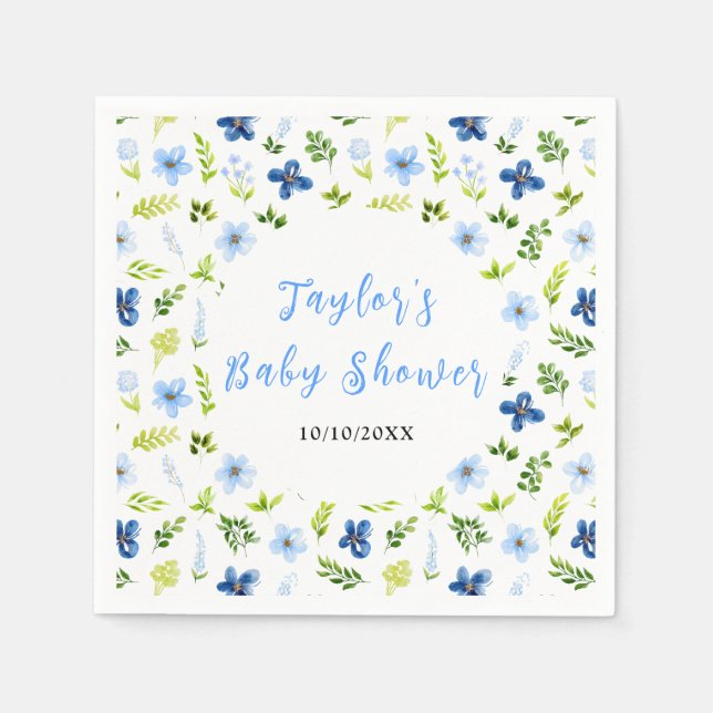 Servilleta De Papel Navy and Baby Blue Floral Baby Shower (Anverso)