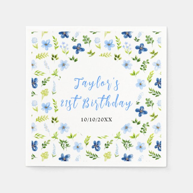 Servilleta De Papel Navy and Baby Blue Floral Birthday (Anverso)