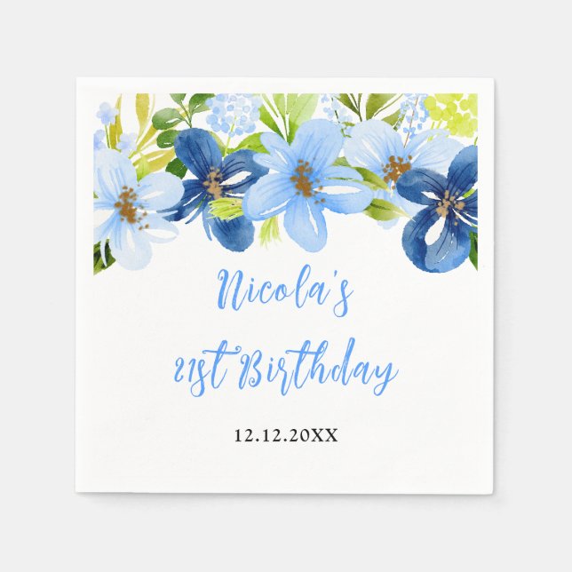 Servilleta De Papel Navy and Baby Blue Floral Birthday (Anverso)