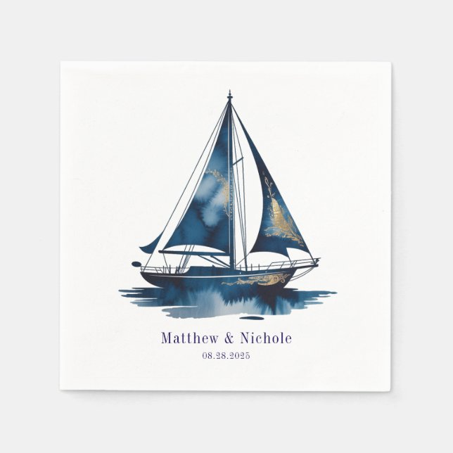 Servilleta De Papel Navy and Gold Nautical Boat Gold Frame Wedding (Anverso)