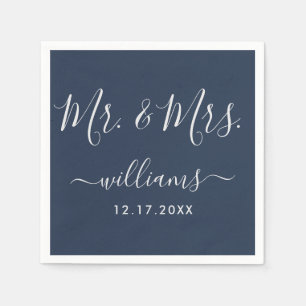 Servilleta De Papel Navy Blue and Silver Modern Script Mr. y Mrs.