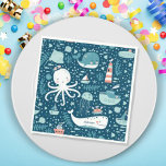 Servilleta De Papel Navy Blue and White Nautical Ocean Pattern Boy<br><div class="desc">Add a custom nautical touch to your little kid's birthday party with this adorable ocean set of paper napkins. Each napkin has a pattern of a whale, octopus, sailboat, steam boat, jellyfish, submarine, and lighthouse on a navy blue background. Napkin may be personalized with the first name of your kid....</div>