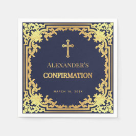 Servilleta De Papel Navy Blue Boy Confirmación Faux Gold Cross Elegant