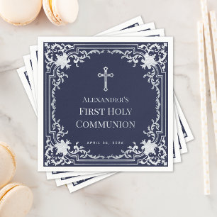 Servilleta De Papel Navy Blue Boy Primera Comunión Elegante Faux Silve