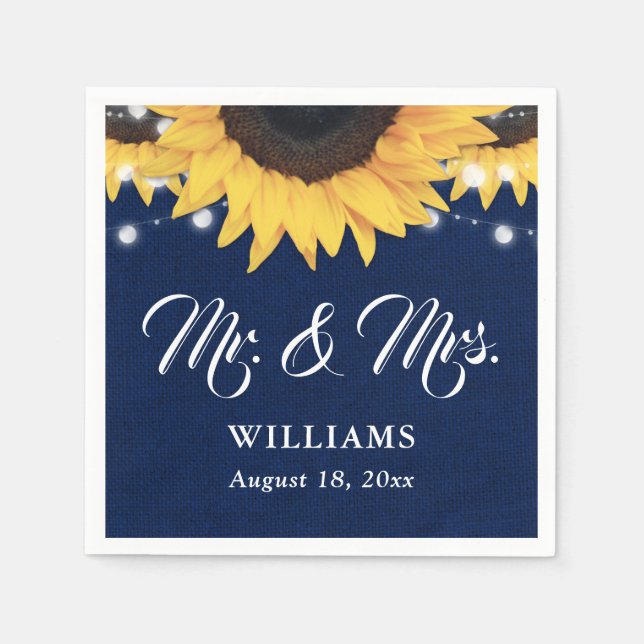 Servilleta De Papel Navy Blue Burlap String Lights Sunflower Wedding (Anverso)