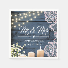 Servilleta De Papel Navy Blue Country Wood String Lights Lace Mr & Mrs