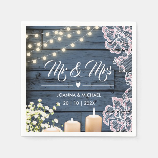 Servilleta De Papel Navy Blue Country Wood String Lights Lace Mr & Mrs (Anverso)
