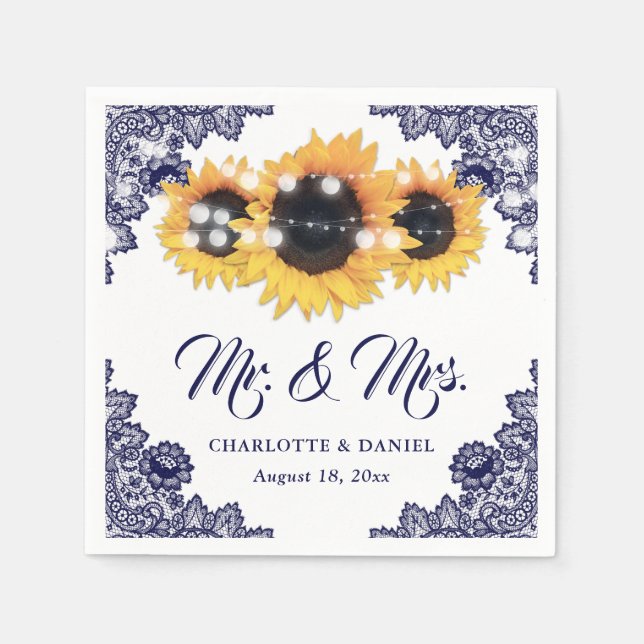 Servilleta De Papel Navy Blue Floral Lace Sunflower Wedding (Anverso)