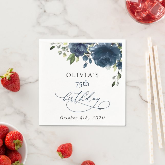 Servilleta De Papel Navy Blue Flowers, Greenery, Boho, Birthday (In situ)