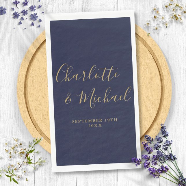 Servilleta De Papel Navy Blue Gold Elegant Signature Boda (Navy Blue Gold Elegant Signature Script Wedding Paper Guest)
