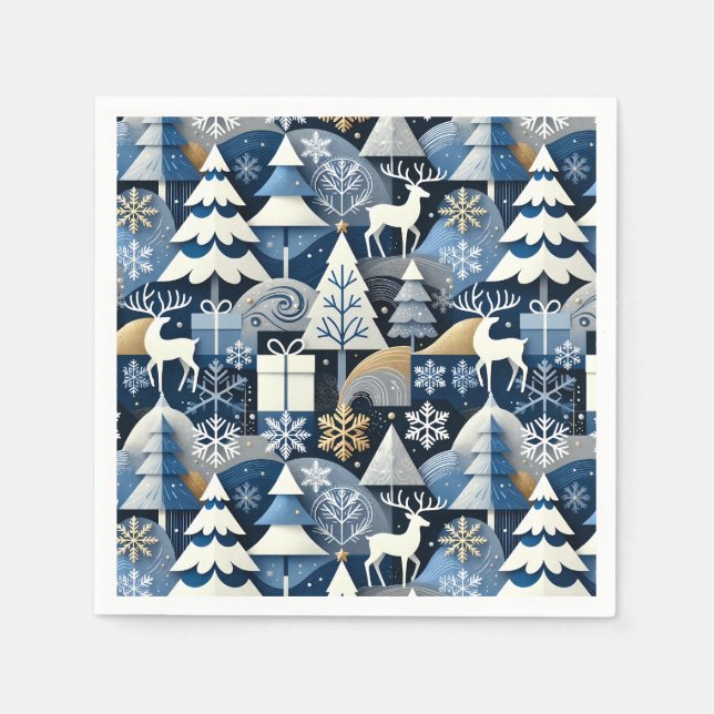 Servilleta De Papel Navy Blue Gold Nordic Christmas Forest Pattern (Anverso)