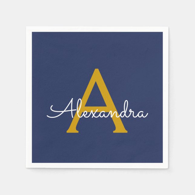 Servilleta De Papel Navy Blue Gold Script Monograma Nombre moderno (Anverso)