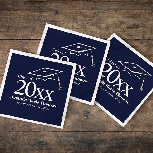 Servilleta De Papel Navy Blue Graduation Cap Class of 20XX Name (Elevate your grad party with custom navy blue Class of 20XX napkins.)