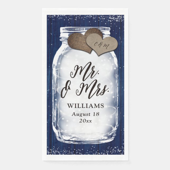Servilleta De Papel Navy Blue Mason Jar Barn Wood Mr & Mrs Boda (Anverso)