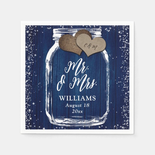 Servilleta De Papel Navy Blue Mason Jar Rustic Wood Mr & Mrs Boda (Anverso)