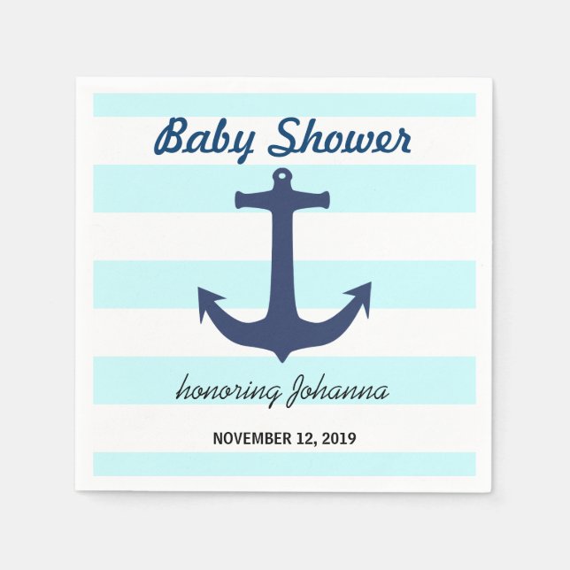 Servilleta De Papel Navy Blue Nautical Anchor Stripes Baby Shower (Anverso)
