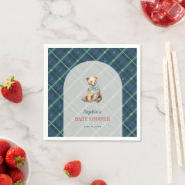 Servilleta De Papel Navy Blue Plaid Teddy Bear Boy Baby Shower