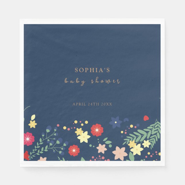 Servilleta De Papel Navy Blue Simple Elegent Wildflower Baby Shower (Anverso)