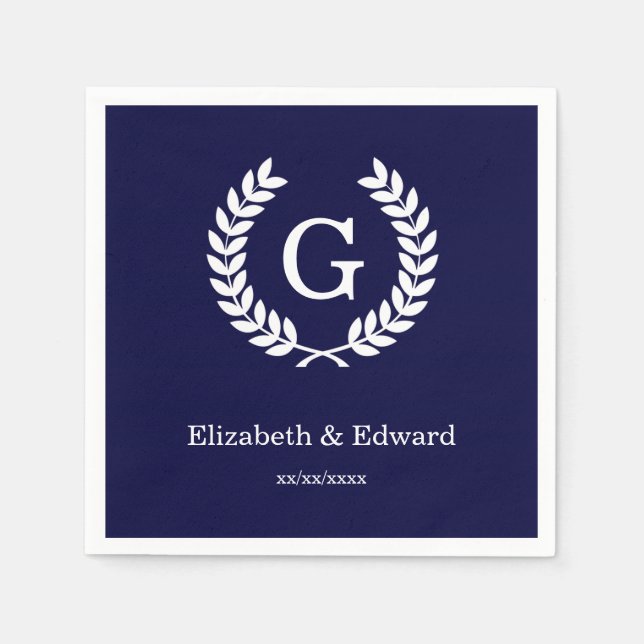 Servilleta De Papel Navy Blue Wheat Laurel Wreath Monograma inicial (Anverso)