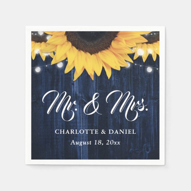 Servilleta De Papel Navy Blue Wood String Lights Sunflower Wedding (Anverso)