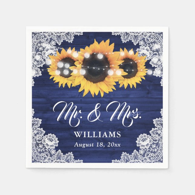 Servilleta De Papel Navy Blue Wood Sunflower Floral Lace Wedding (Anverso)
