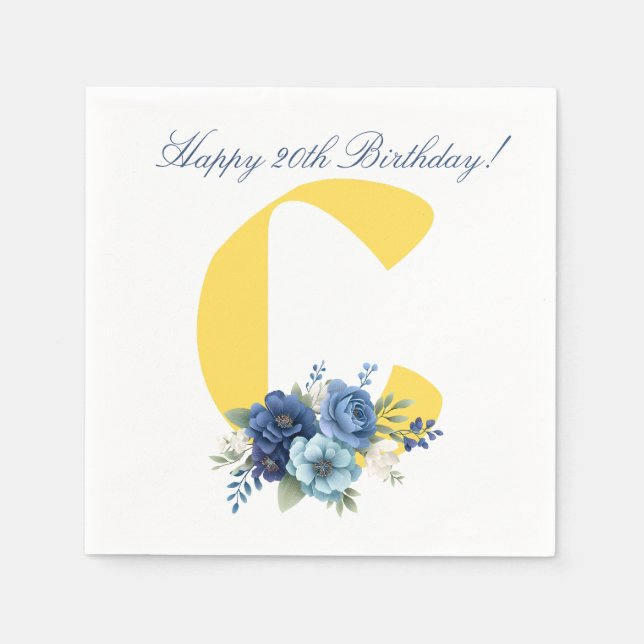 Servilleta De Papel Navy Floral Monogram 20th Birthday (Anverso)