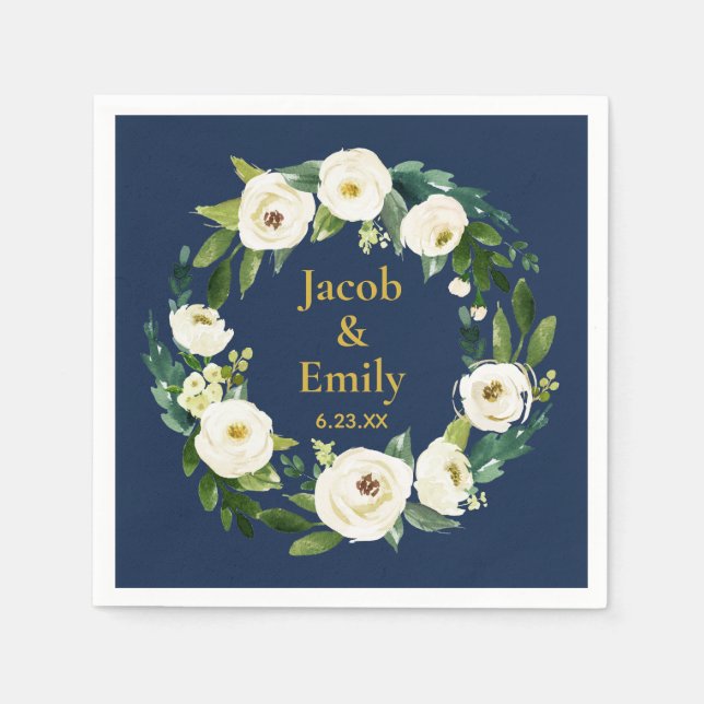 Servilleta De Papel Navy Greenery Gold Personalized Names Date Boda (Anverso)