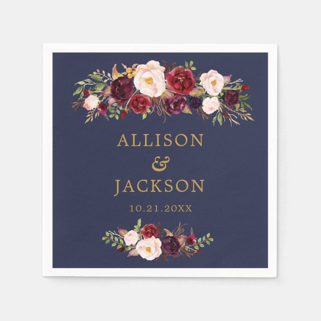 Servilleta De Papel Navy Marsala Gold Flowers Monograma Boda Napkin (Anverso)