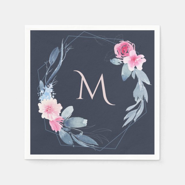 SERVILLETA DE PAPEL NAVY RUBOR BLUE FLORAL MONOGRAM BODA DE LLUVIA (Anverso)