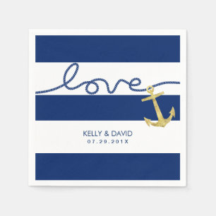 Servilleta De Papel Navy Stripes Ancla de oro atando al Boda Knot