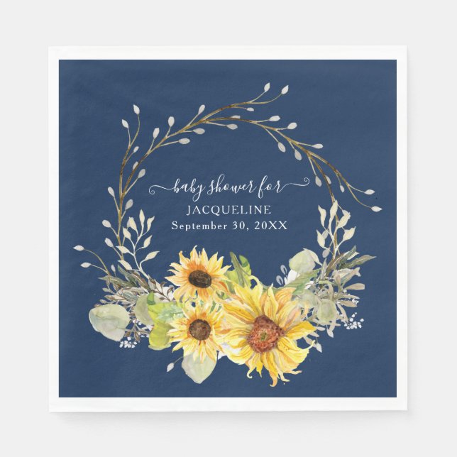 Servilleta De Papel Navy Sunflower Pussy Willow Floral Baby Shower (Anverso)