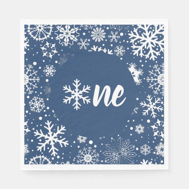 Servilleta De Papel Navy Winter First Birday Snowflake One Napkins (Anverso)
