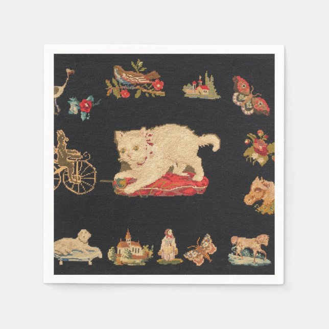 Servilleta De Papel Needlepoint Kitty Cat Paper Napkin (Anverso)