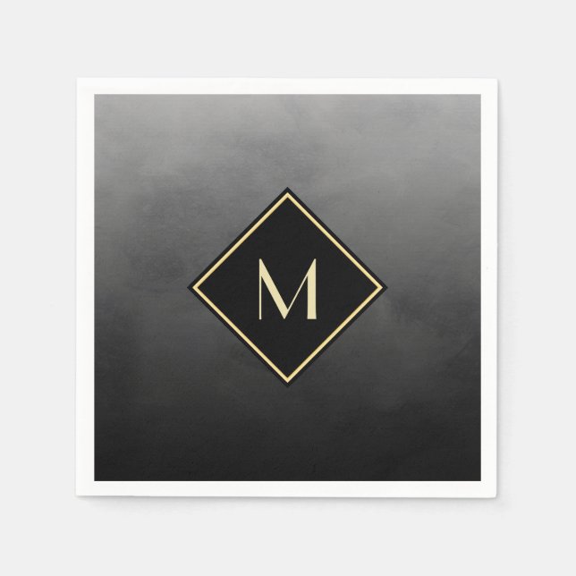 Servilleta De Papel Negro Cepillado Elegante Con Monograma De Oro Simp (Anverso)