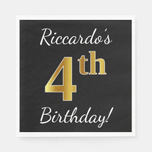 Servilleta De Papel Negro, Dorado Falso Cumpleaños 4 + Nombre Personal