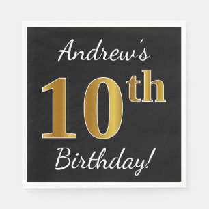 Servilleta De Papel Negro, Faux Gold 10 cumpleaños + Nombre personali