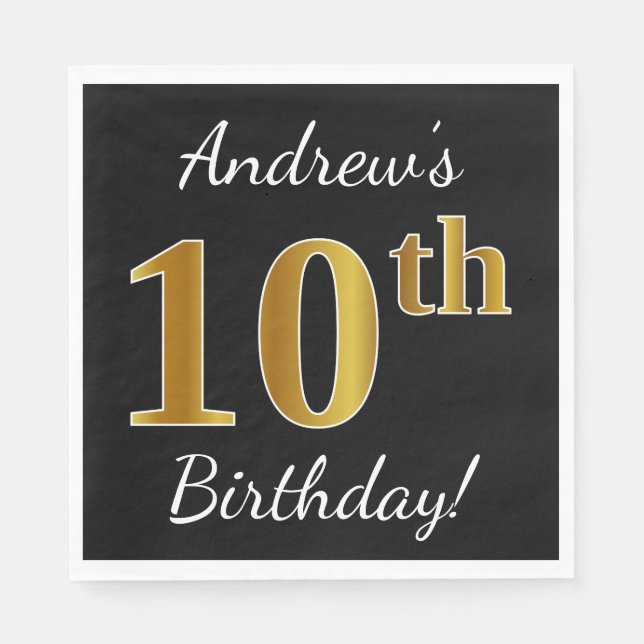 Servilleta De Papel Negro, Faux Gold 10 cumpleaños + Nombre personaliz (Anverso)