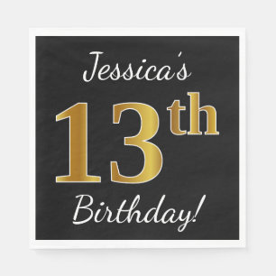 Servilleta De Papel Negro, Faux Gold 13 cumpleaños + Nombre personaliz