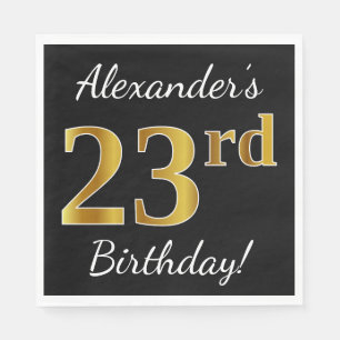 Servilleta De Papel Negro, Faux Gold 23 cumpleaños + Nombre personaliz