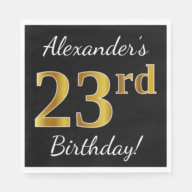 Servilleta De Papel Negro, Faux Gold 23 cumpleaños + Nombre personaliz (Anverso)
