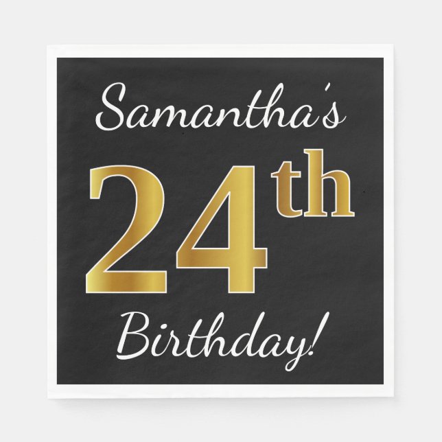 Servilleta De Papel Negro, Faux Gold 24th Birthday + Nombre personaliz (Anverso)