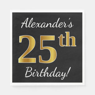Servilleta De Papel Negro, Faux Gold 25th Birthday + Nombre personaliz