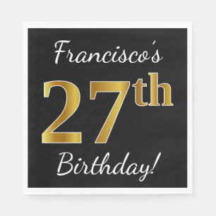 Servilleta De Papel Negro, Faux Gold 27th Birthday + Nombre personaliz