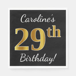 Servilleta De Papel Negro, Faux Gold 29th Birthday + Nombre personaliz