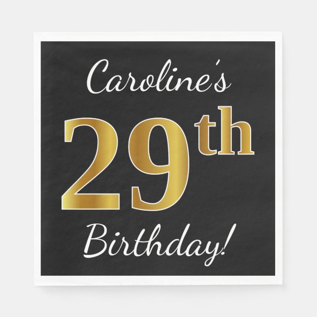 Servilleta De Papel Negro, Faux Gold 29th Birthday + Nombre personaliz (Anverso)